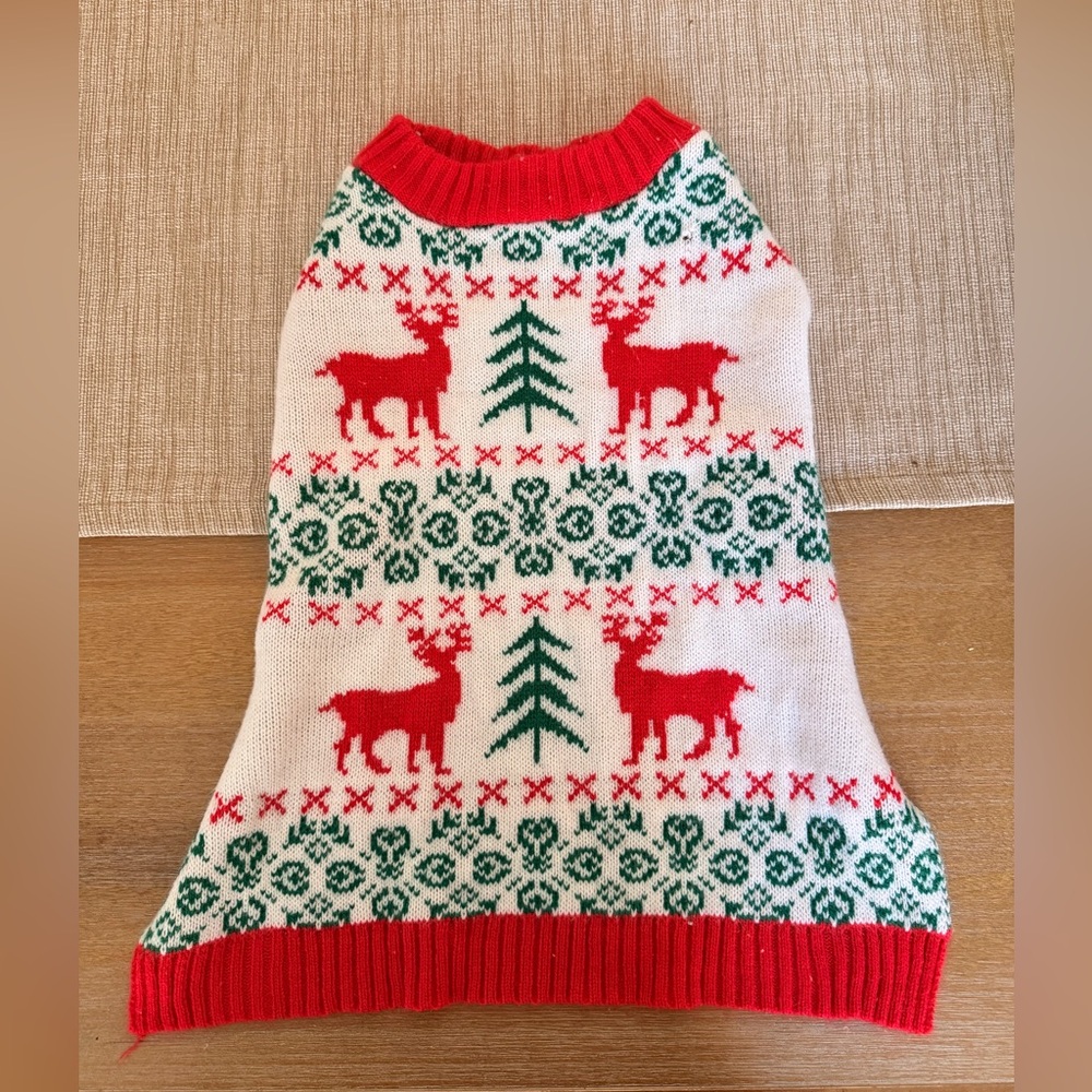 Festive Red and Green Reindeer Dog Sweater